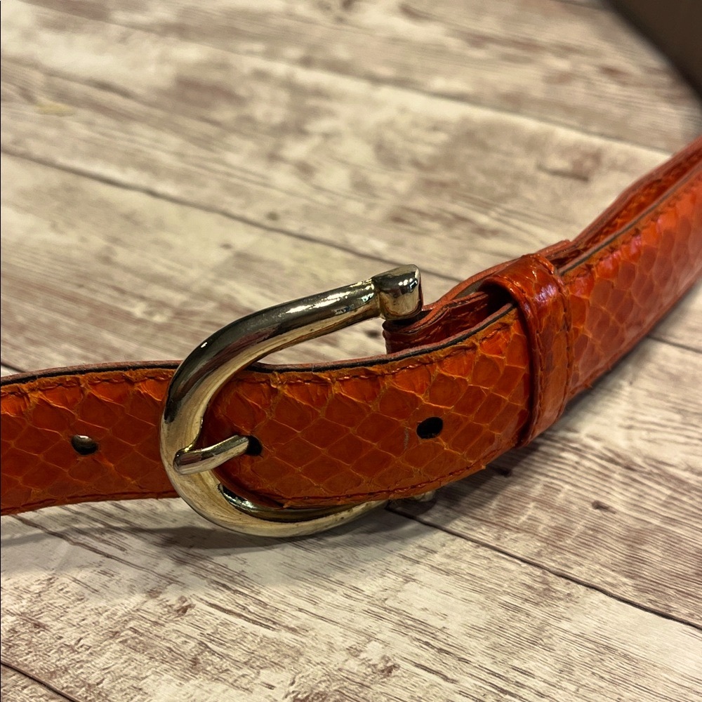 Vintage Tangerine Genuine Snakeskin Belt with Shiny Gold Buckle